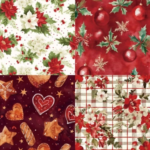 Detailed views of four Christmas scrapbook paper designs with florals and gingerbread