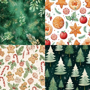 Collage of four Christmas scrapbook patterns featuring pine branches and festive gingerbread