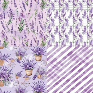 Detailliertes Lavendel-Scrapbook-Papierset mit Blumen-, Korb- und Karomustern