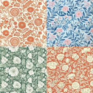 Detail view of four Morris-style floral patterns in beige, blue, green, and orange tones