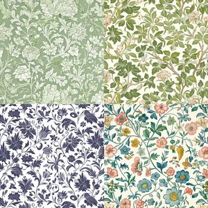 Detail of four vintage floral patterns for scrapbooking with classic Morris art style designs