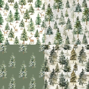 Detail of four forest watercolor patterns featuring deer and pines for scrapbooking