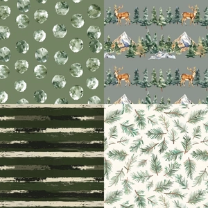 Detailed pattern overview of forest deer and watercolor designs for scrapbooking paper