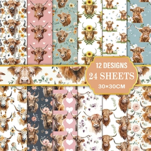 Aquarell Hochlandrind Blumen Scrapbooking Hintergrundpapier Doppelseitiges Offsetpapier Für DIY Handwerk Journaling Tagebuch