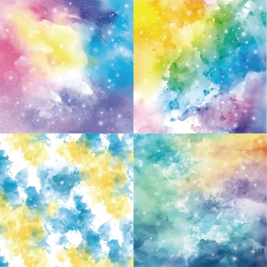 Detalle de cuatro vibrantes patrones de acuarela de galaxias y nebulosas en papel craft