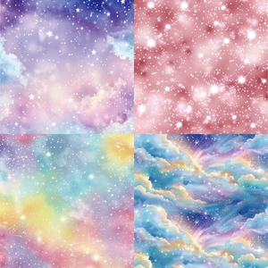 Makro-Detail von vier traumhaften Sternenhimmel- und Wolkenmustern auf Bastelpapier