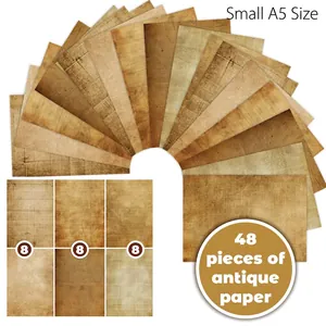Detailed fan-shaped layout of 48 sheets vintage A5 scrapbooking paper in multiple patterns