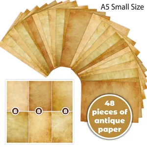 Detailed view of 48 sheets of vintage A5 scrapbooking paper with aged textures