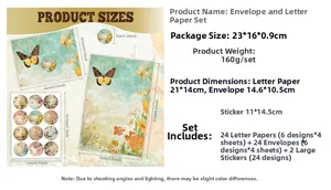 Detailed size specifications for vintage floral butterfly stationary sets including dimensions