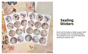 Detail of round floral sealing stickers with retro butterfly patterns for gift envelopes