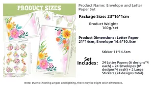 Size chart for floral stationery set including envelopes, paper, and seal stickers