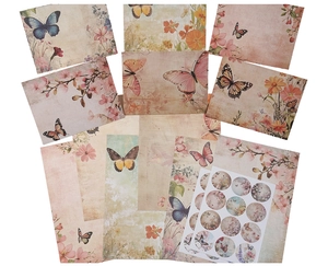 Detail view of vintage watercolor butterfly floral stationery paper and stickers