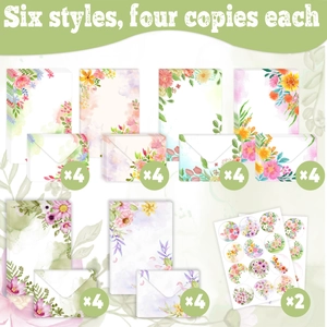 Watercolor floral stationery set with 24 pieces of writing paper and envelopes in 6 styles