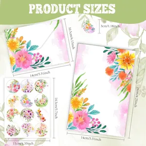 Watercolor floral stationery set dimensions showing envelopes, paper and seal stickers