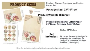 Detailed size specifications for vintage floral stationery sets including envelopes and paper