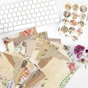 Retro stationery set with floral botanical papers and stickers for DIY crafts