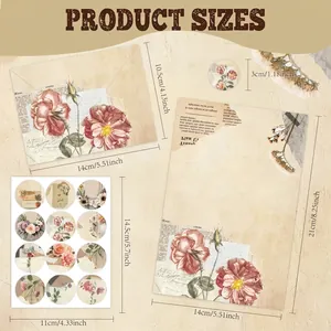 Retro botanical letter set with envelopes and stickers showing detailed product dimensions