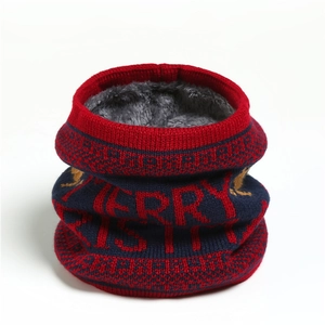 Close-up of knit Christmas neck gaiter with plush lining and reindeer pattern