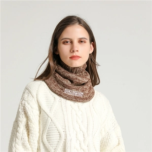 Winter brown knitted neck gaiter with HALOWINT embroidered label for outdoor warmth