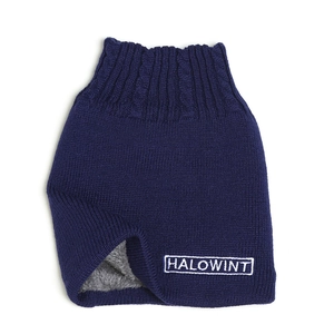 Close-up of navy knit neck warmer featuring soft fleece lining and white logo embroidery