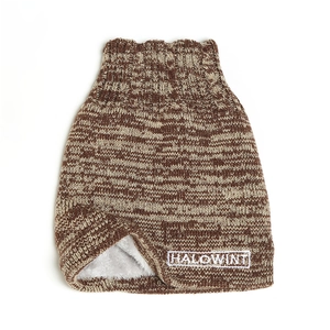 Close-up of knit winter neck gaiter with soft fleece lining and HALOWINT patch