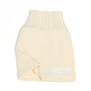 Close-up of knit neck warmer with thick faux fleece lining and HALOWINT embroidery