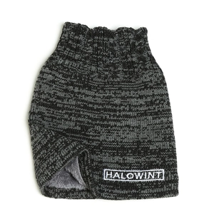 Macro detail of knit snood with fleece lining and HALOWINT embroidered patch label