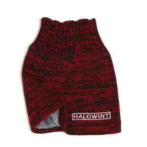 Close-up of knit neck warmer with red and black texture and thick gray fleece lining
