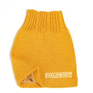 Detail of yellow knit neck warmer with thick brown fleece lining and HALOWINT embroidery