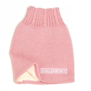Detail of pink knitted neck warmer with white fleece lining and HALOWINT embroidery
