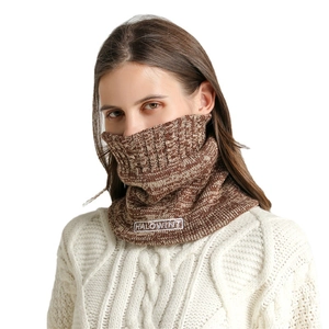 Brown knit multi-functional neck gaiter with HALOWINT embroidery for winter warmth