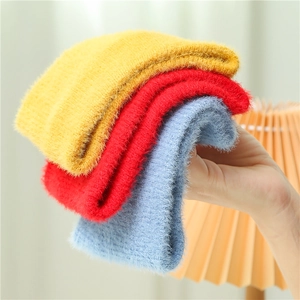 Thick mohair snood scarf in yellow red and blue with soft plush texture for winter