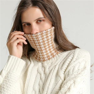 Fashionable houndstooth knit neck warmer in camel and white for winter warmth
