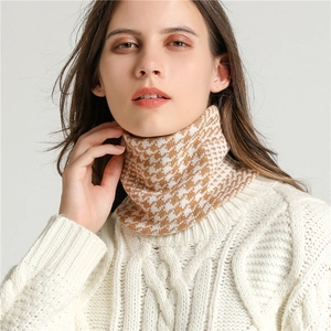 Classic brown and white houndstooth knitted cowl neck warmer for women and children