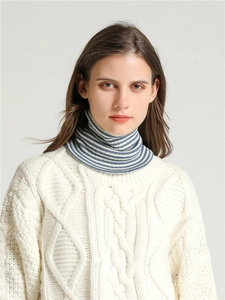 Detail of blue and white striped knit neck warmer with premium high-elastic texture