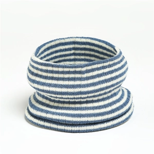Detailed view of the blue and white striped knit texture on this warm winter neck gaiter