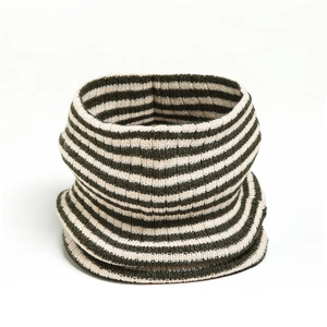Detail of ribbed knit texture on green and white striped winter neck warmer scarf