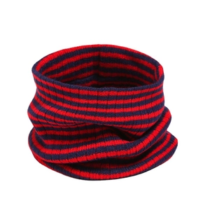 Classic red and blue striped knitted neck gaiter for winter warmth with ribbed texture