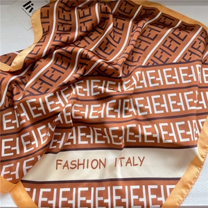 French style 70cm silk scarf with color-block stripes and geometric F-pattern
