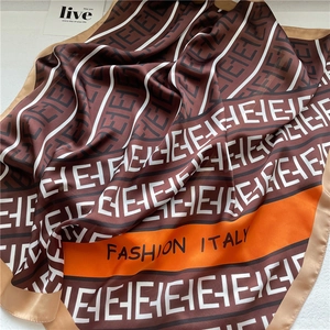 Elegant 70cm silk scarf with brown and orange stripes and FASHION ITALY print