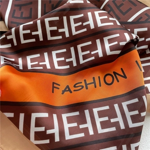 Silk satin square scarf with FASHION letter print and orange color block stripes