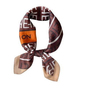 70cm French silk scarf with F letters and striped geometric patterns in brown and orange