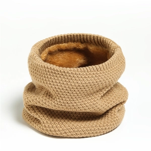 Detailed view of camel winter neck warmer with thick knit and plush faux fur lining