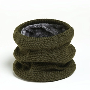 Detail view of military green knitted neck warmer with soft grey fleece lining