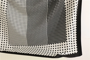 Detail showing soft folds and geometric woven texture of a black and white silk scarf