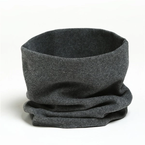 Close-up of charcoal gray neck warmer made of soft cotton knit for neck protection