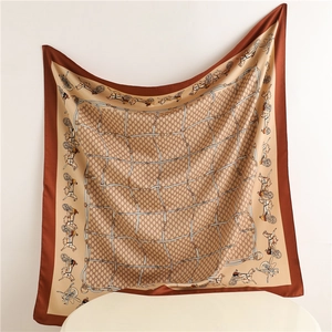 Luxury Carriage Print Square Scarf Polyester Satin Retro Equestrian Style Elegant Lightweight Shawl Head Wrap