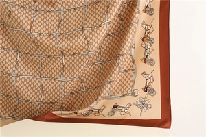 Detailed close-up showing the smooth silk texture and vintage equestrian carriage print
