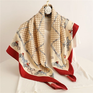 Luxury 90cm twill square scarf with classic horse carriage print in beige and red