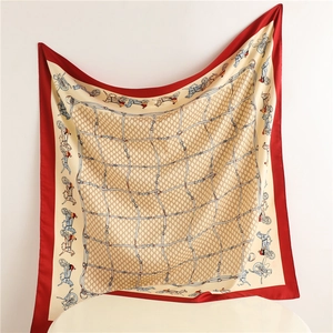 Luxury horse carriage print silk scarf with red border and elegant twill pattern
